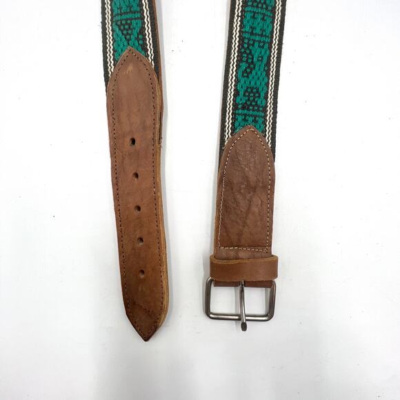 Handmade Leather Belt Woven Tribal Animal Motifs Green Tan